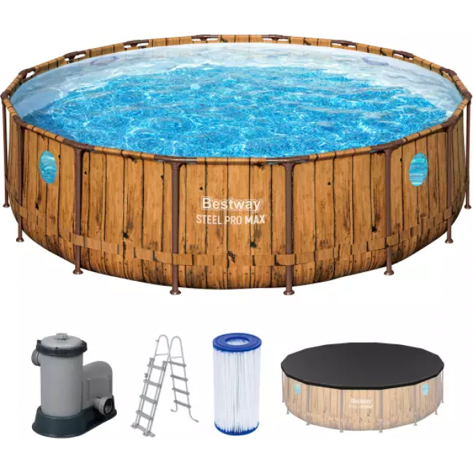Каркасный бассейн BESTWAY POWER STEEL РОТАНГ 488х122 см, 19480 л + фильтр-насос BESTWAY 5678 л/ч, тент, лестница 56725 BW